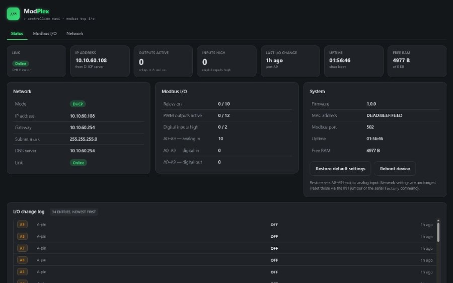 A ModPlex webes felülete: hálózati állapot, Modbus I/O és rendszerinformációk